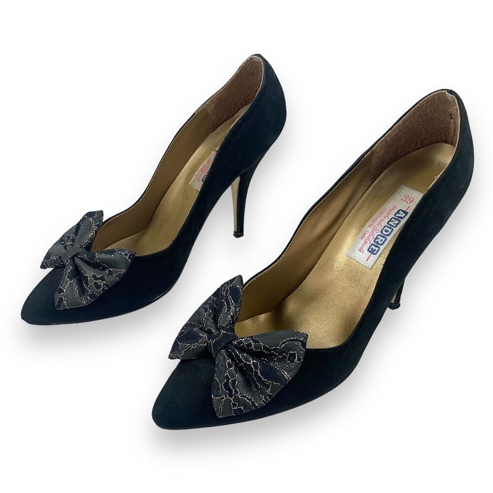 1960's German designer ANDRE black nubuck suede stiletto pumps large lace bow